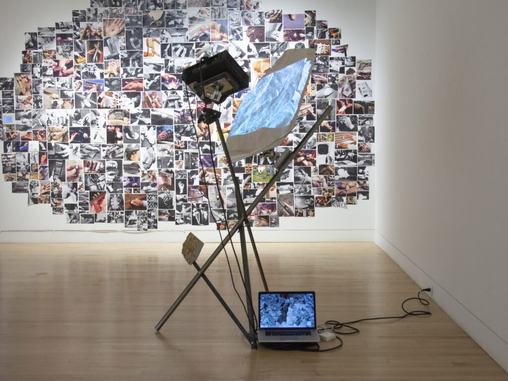 Installation view with wall piece by Sandra Erbacher.